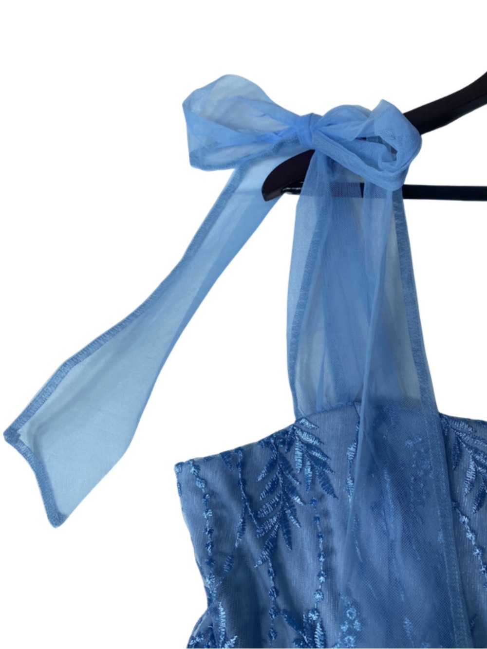 Audrey Parks Blue Floral Tulle Tie Shoulder Mini Dress Women's XL - Picture 4 of 12
